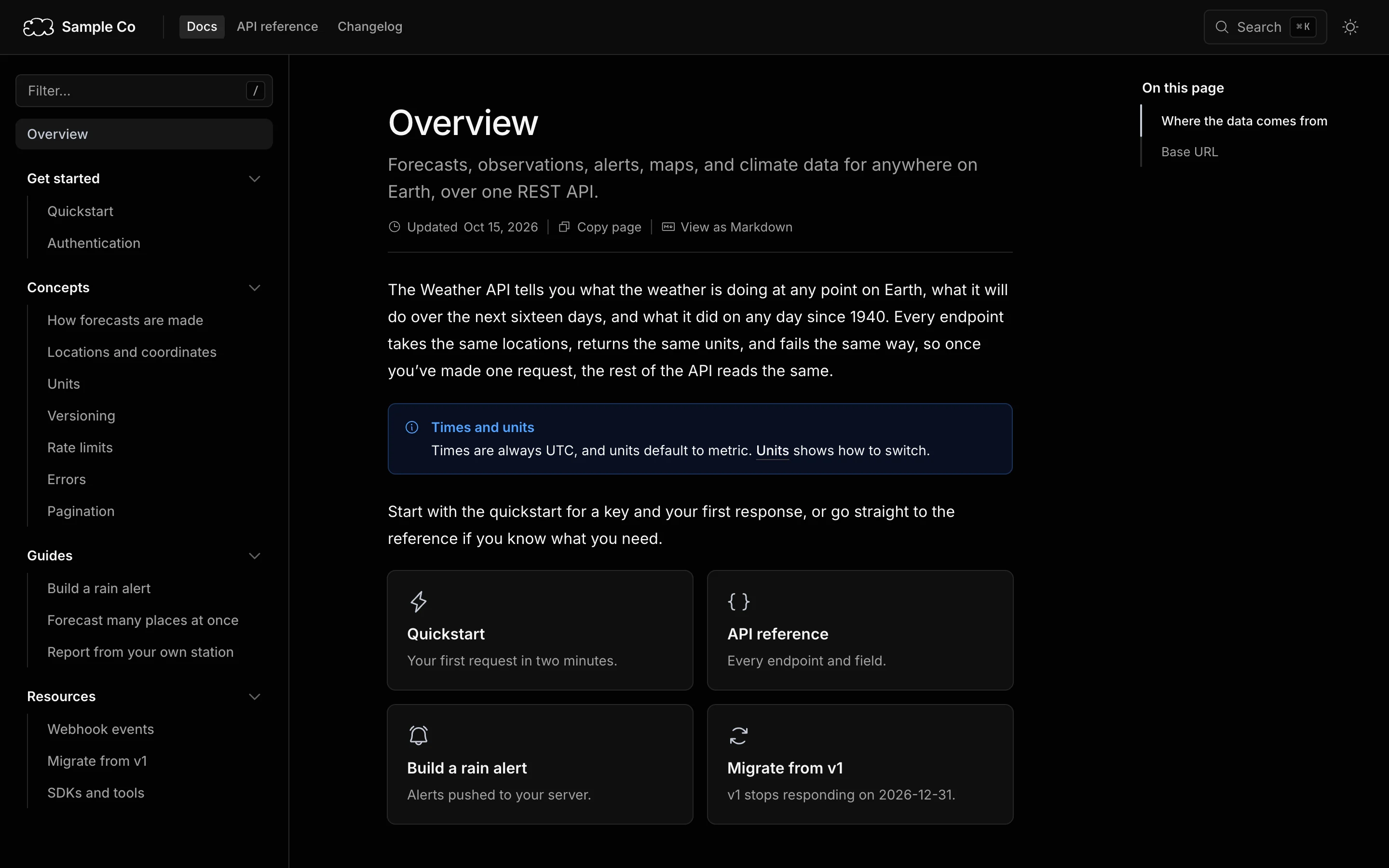 The Sample Co docs overview page, built with Nimbus.